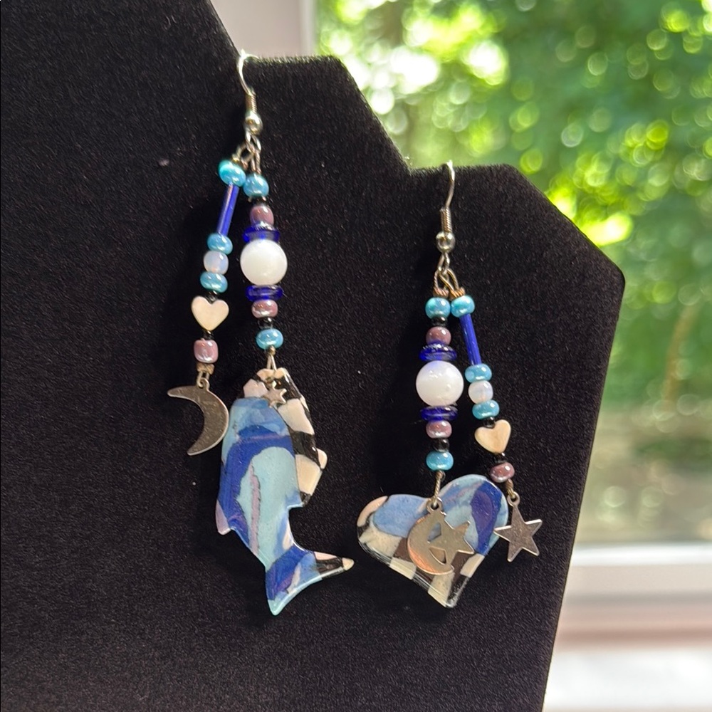 Blue and Silver Fish and Heart Earrings